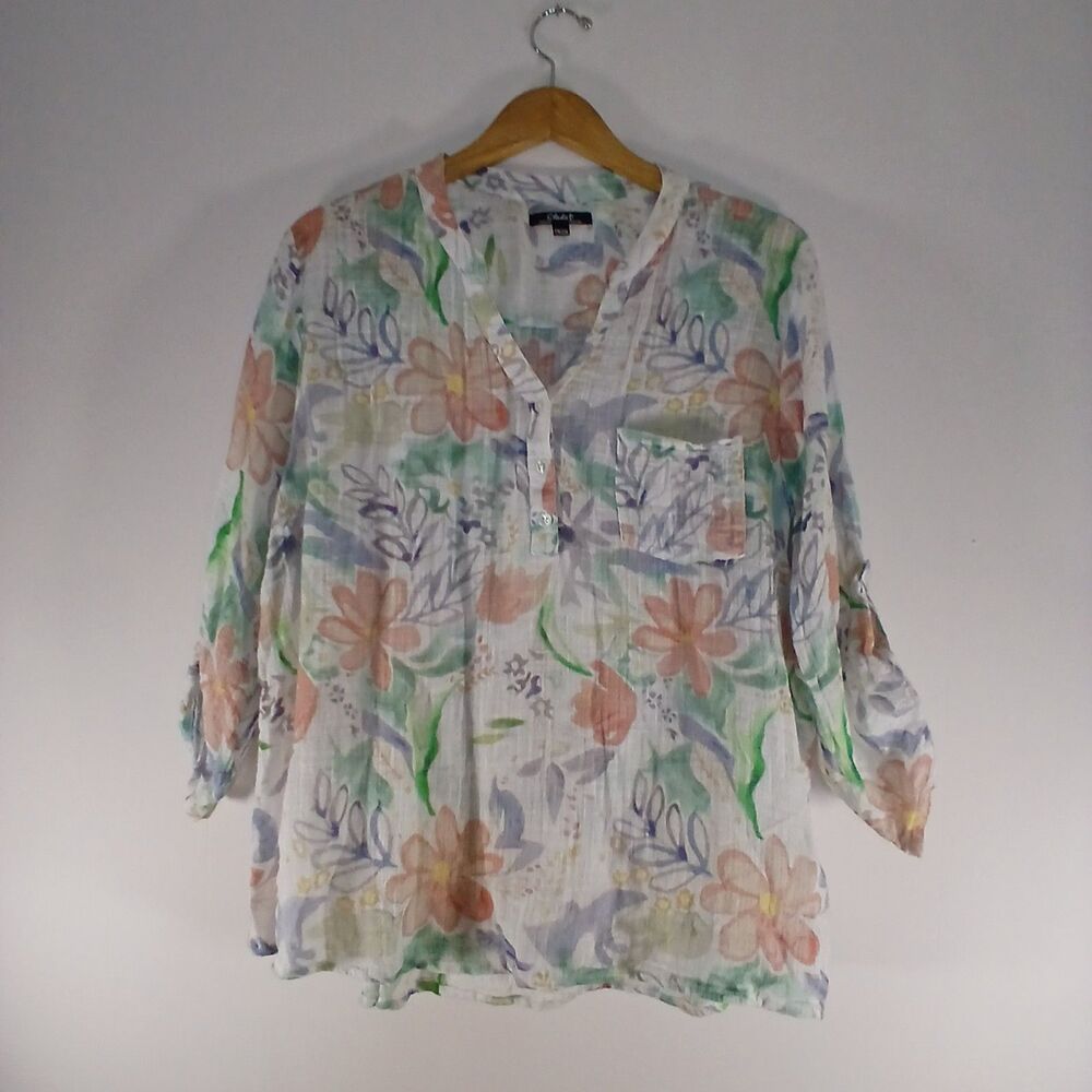 Charlie B XXL Floral Sheer Henley Top Adjustable Sleeves Boho Cottagecore Fairy